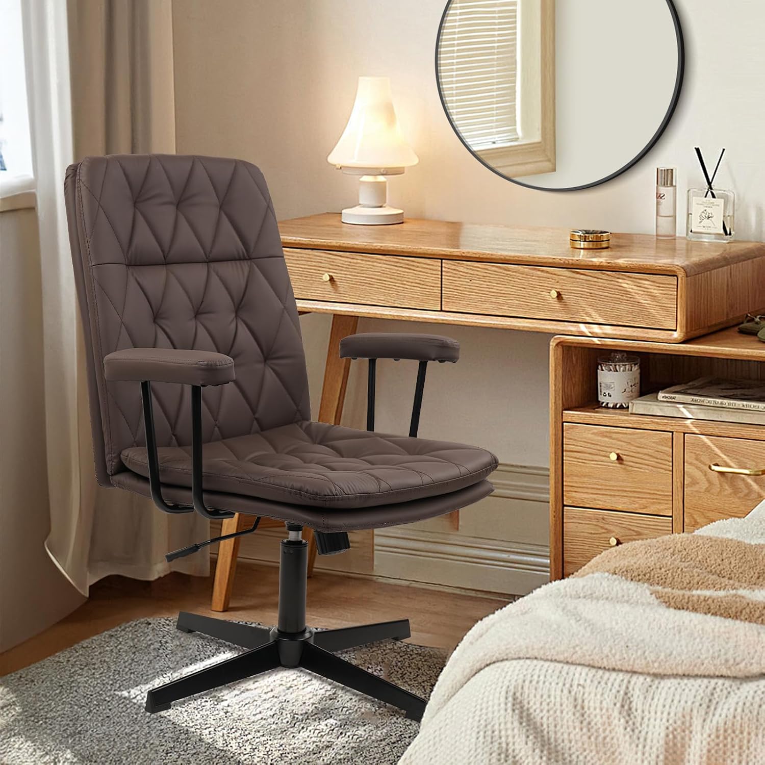 كرسي مكتب جلدي بني بدون عجلات، - مراجعة Task Chair Mid Back وسعره